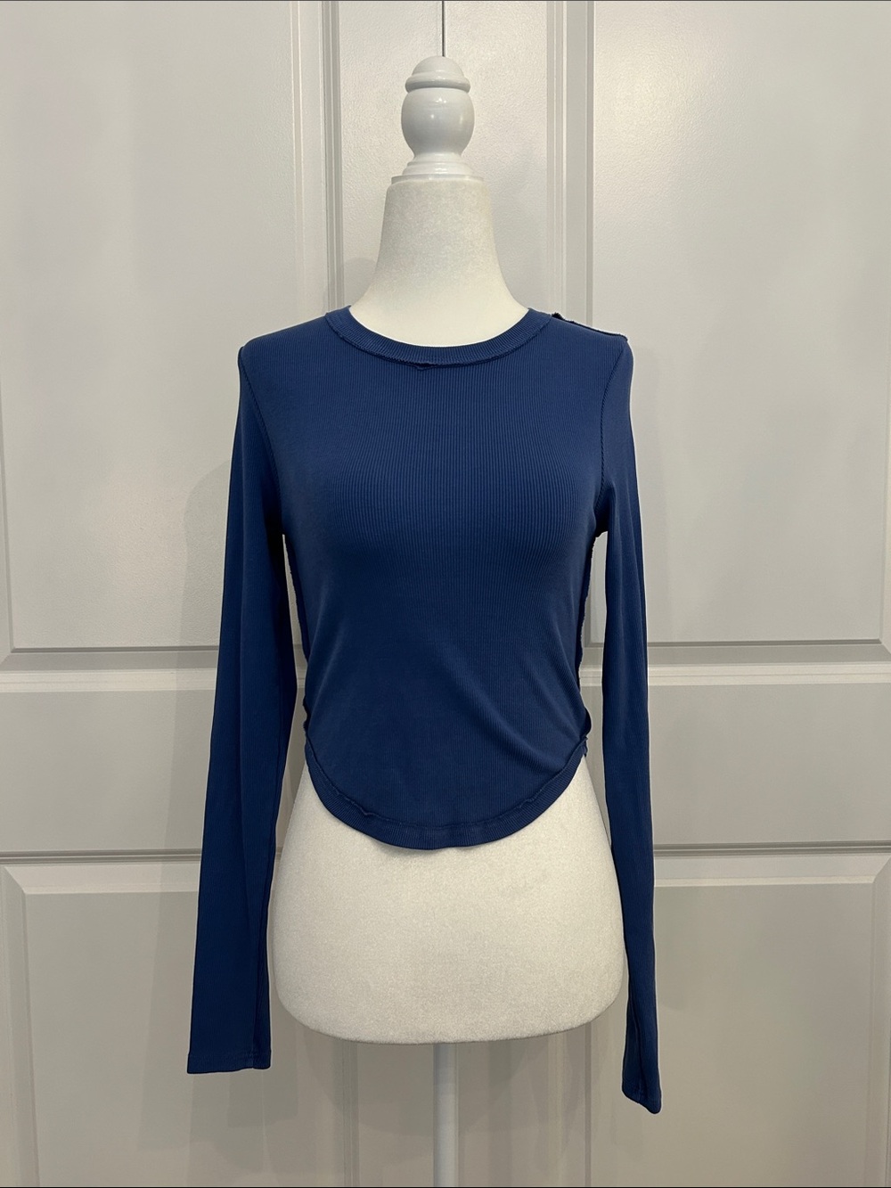 Altar'd State Deep Blue Ribbed Long-Sleeve Crop Top